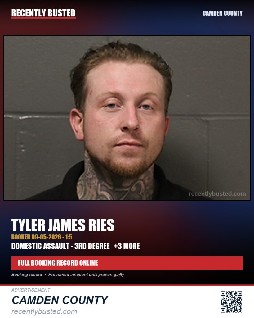 Ries, Tyler James — arrest record card, Camden County