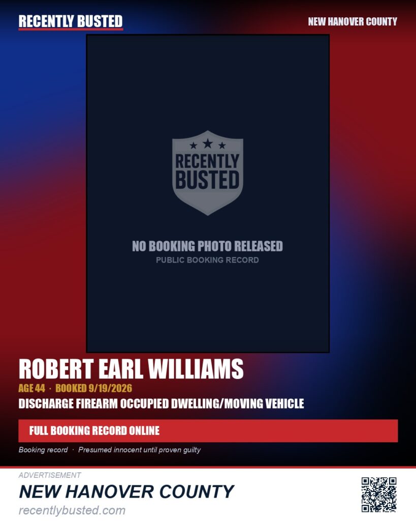 ROBERT EARL WILLIAMS — arrest record card, New Hanover County