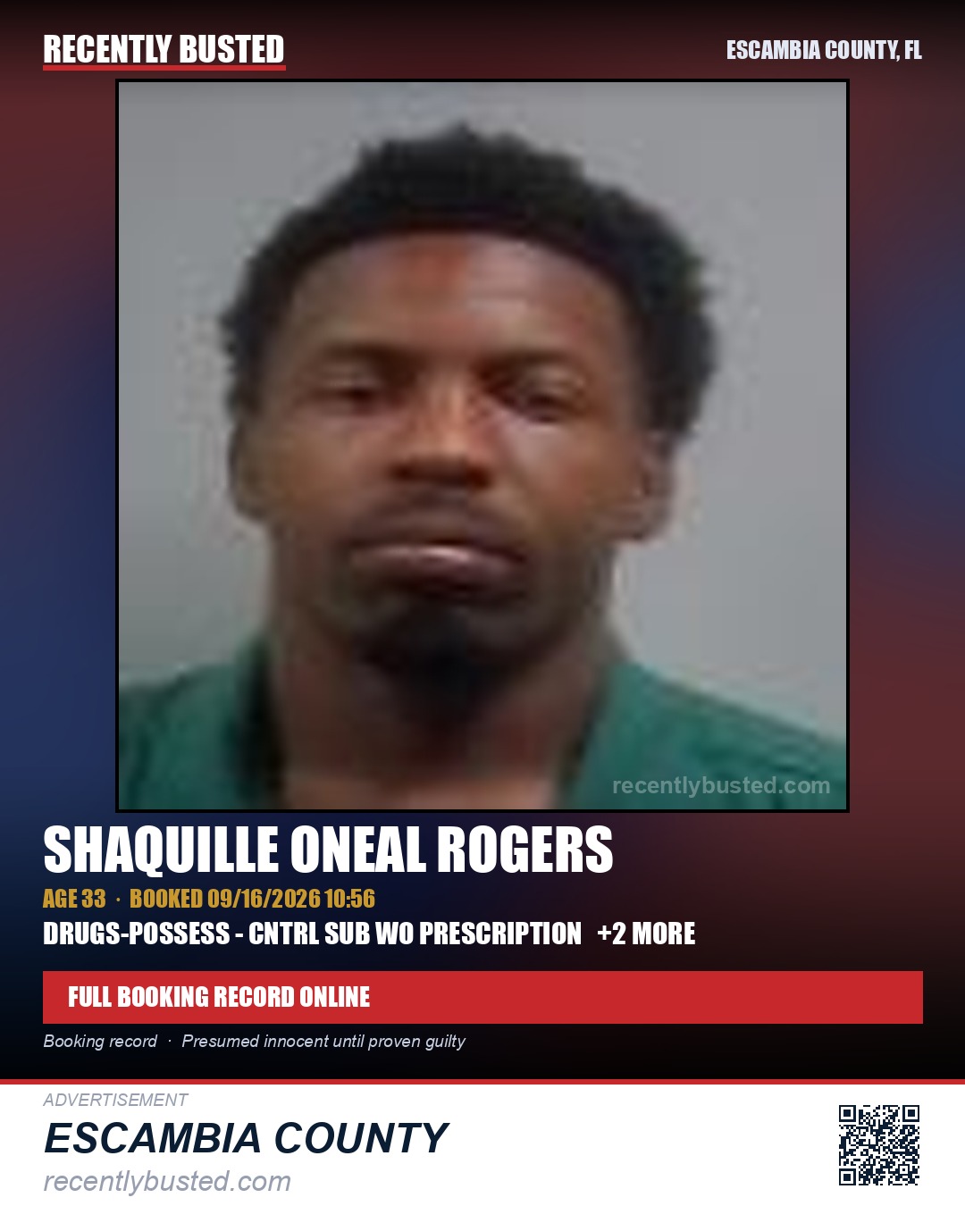 Shaquille Oneal Rogers — arrest record card, Escambia County, Florida