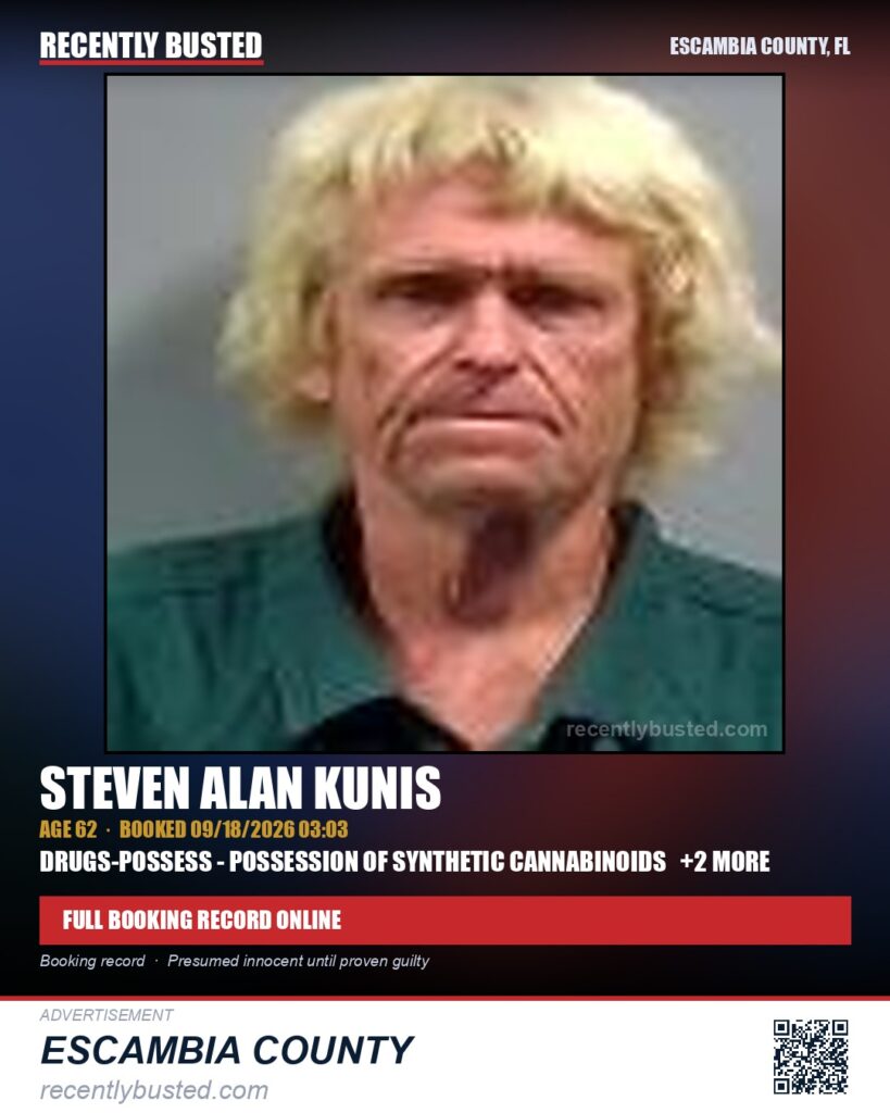 Steven Alan Kunis — arrest record card, Escambia County, Florida