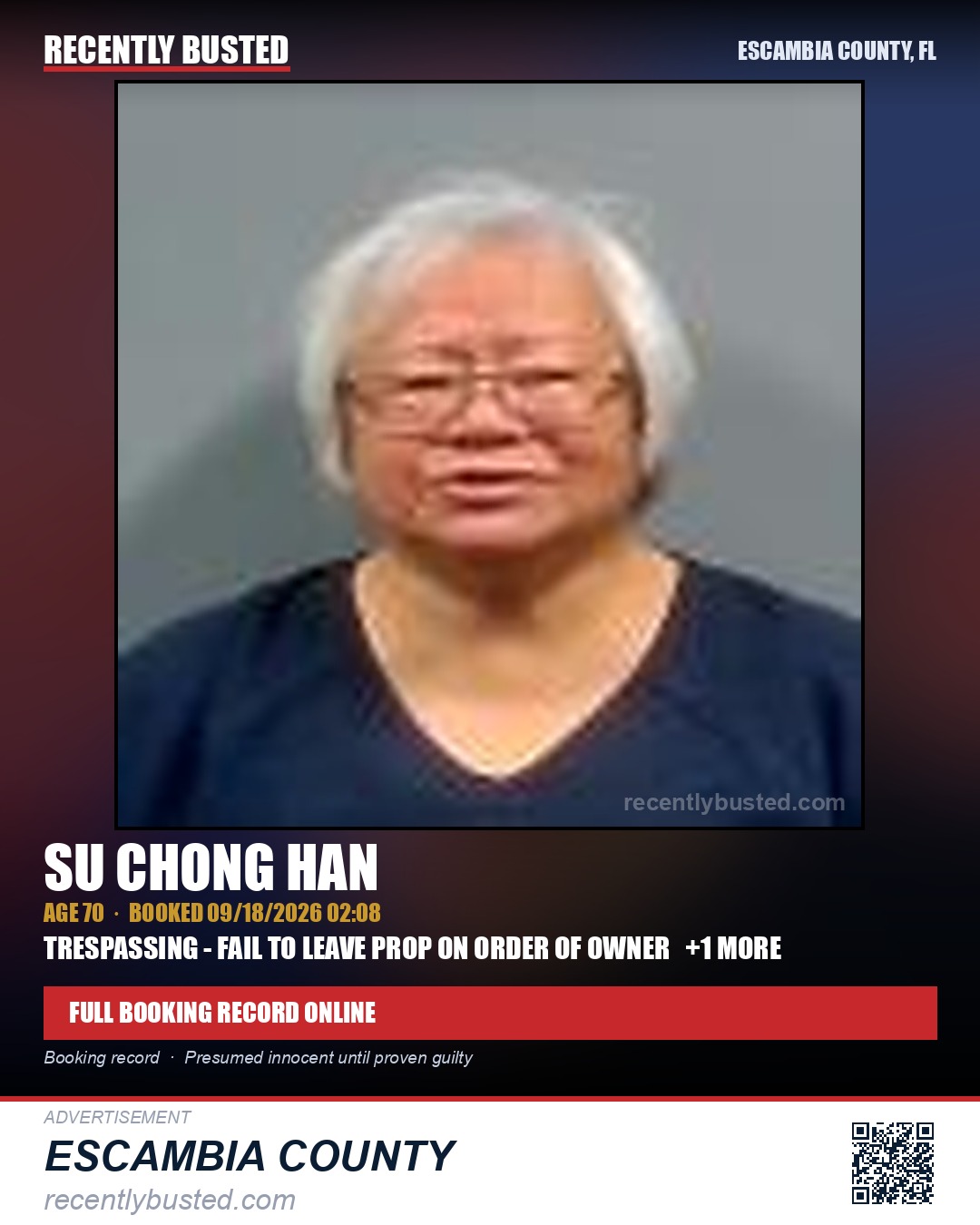 Su Chong Han — arrest record card, Escambia County, Florida
