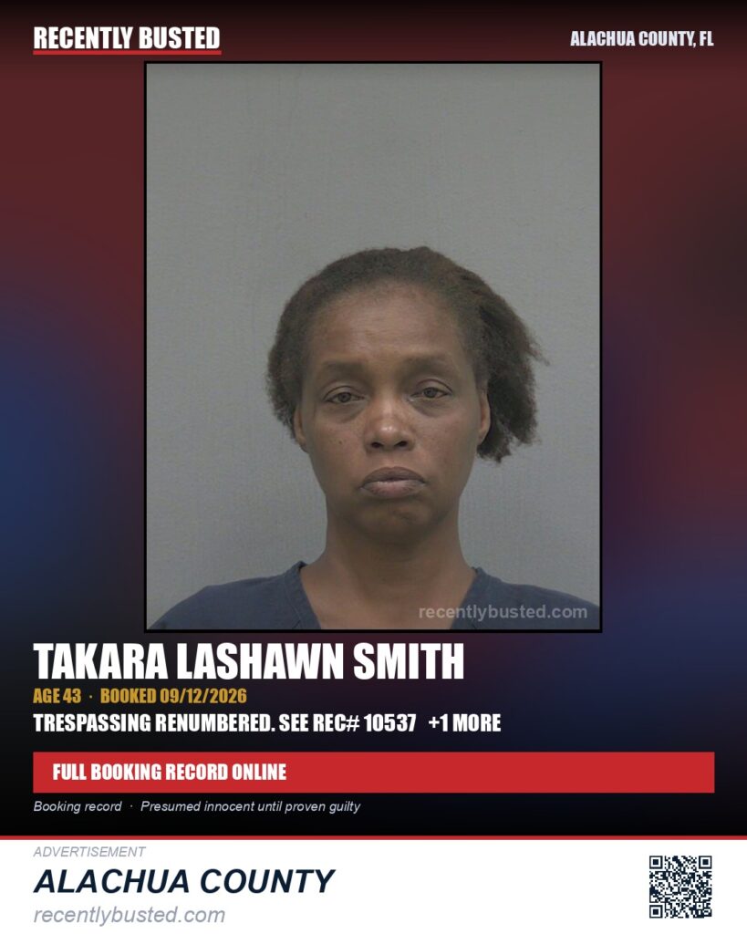 Takara Lashawn Smith — arrest record card, Alachua County, Florida