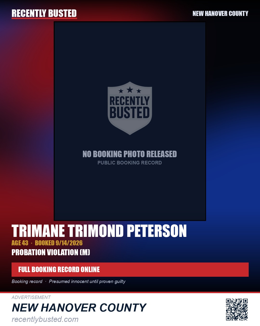 TRIMANE TRIMOND PETERSON — arrest record card, New Hanover County