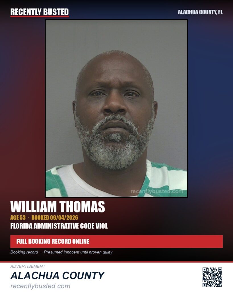 William Thomas — arrest record card, Alachua County, Florida