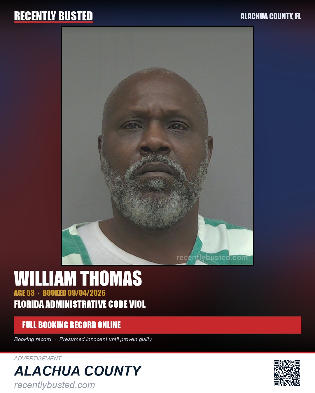 William Thomas — arrest record card, Alachua County, Florida