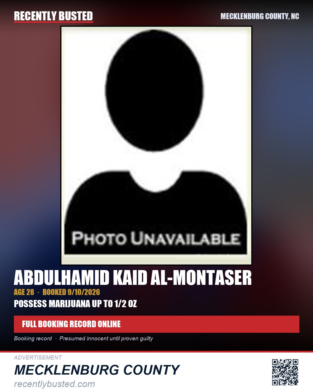 ABDULHAMID KAID AL-MONTASER — arrest record card, Mecklenburg County, North Carolina