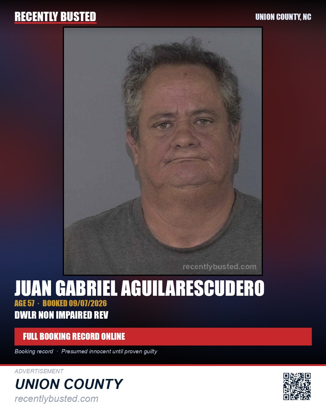 AGUILARESCUDERO, JUAN GABRIEL — arrest record card, Union County, North Carolina