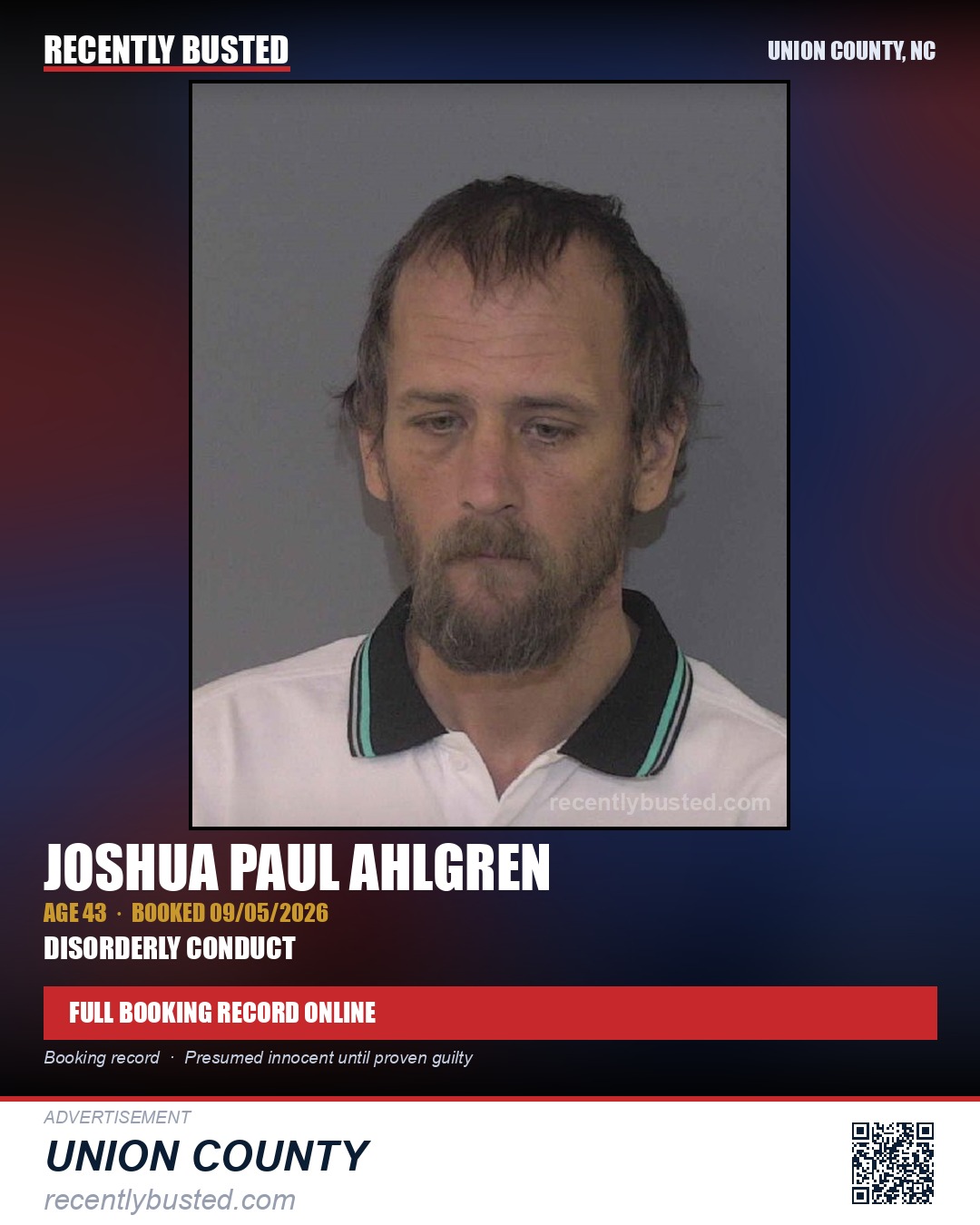 AHLGREN, JOSHUA PAUL — arrest record card, Union County, North Carolina