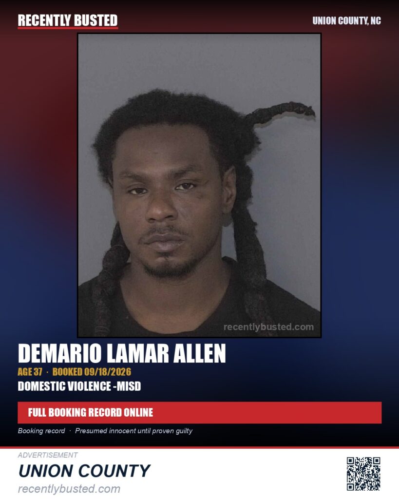 ALLEN, DEMARIO LAMAR — arrest record card, Union County, North Carolina