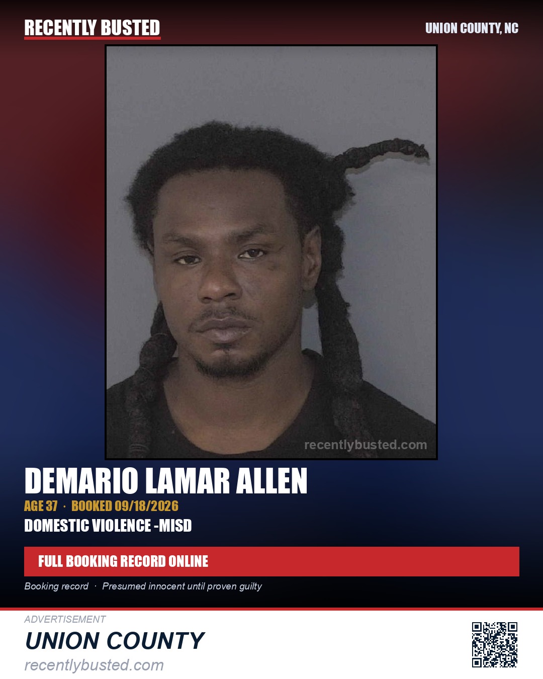 ALLEN, DEMARIO LAMAR — arrest record card, Union County, North Carolina