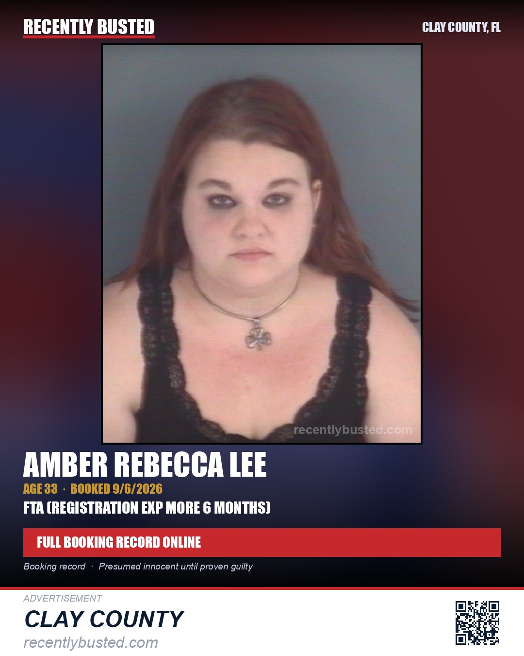 AMBER REBECCA LEE — arrest record card, Clay County, Florida