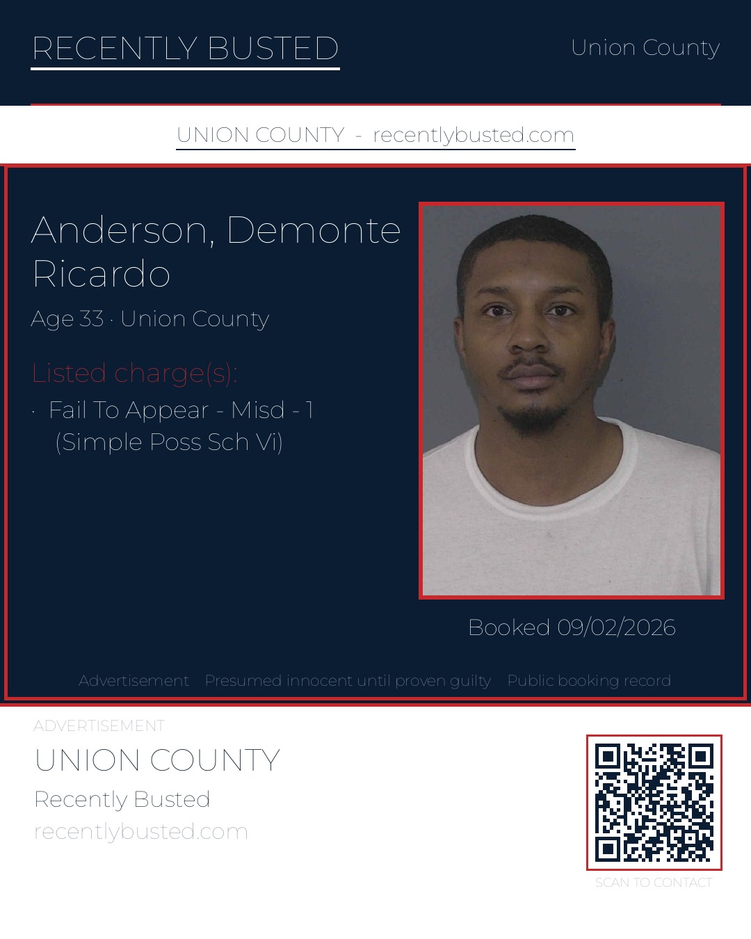 ANDERSON, DEMONTE RICARDO — arrest record card, Union County, North Carolina