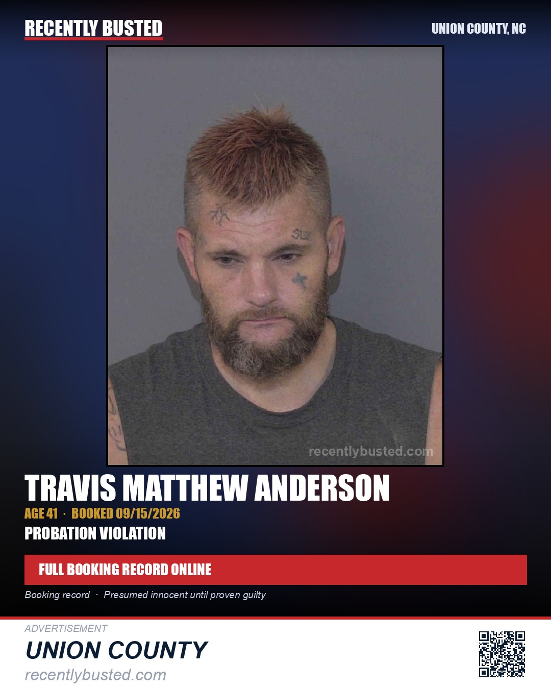 ANDERSON, TRAVIS MATTHEW — arrest record card, Union County, North Carolina