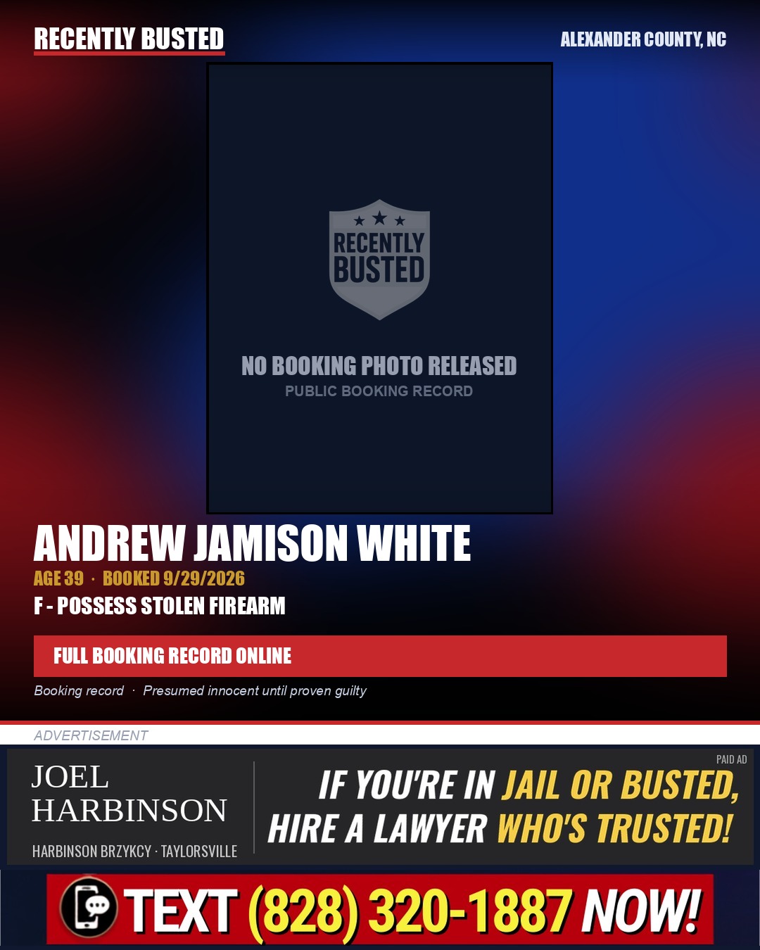 ANDREW JAMISON WHITE — arrest record card, Alexander County, North Carolina