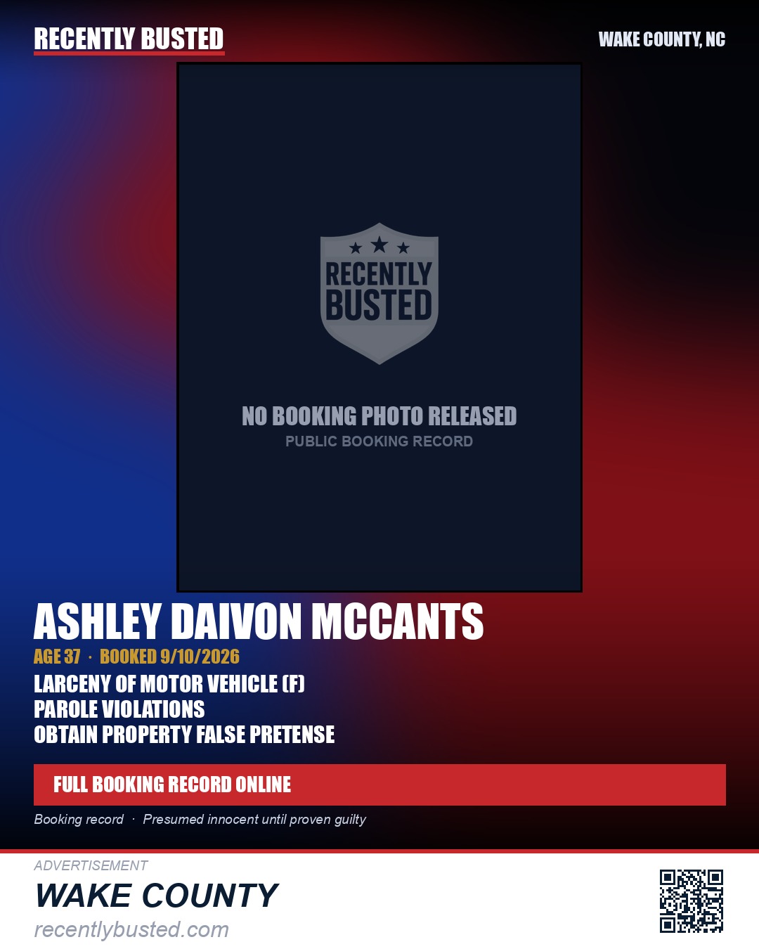 ASHLEY DAIVON MCCANTS — arrest record card, Wake County, North Carolina
