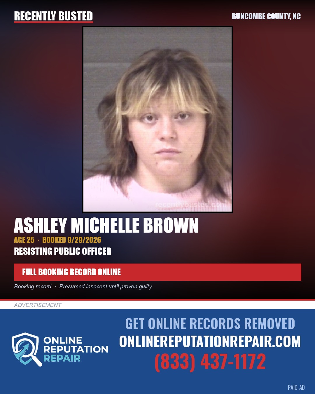 ASHLEY MICHELLE BROWN — arrest record card, Buncombe County, North Carolina