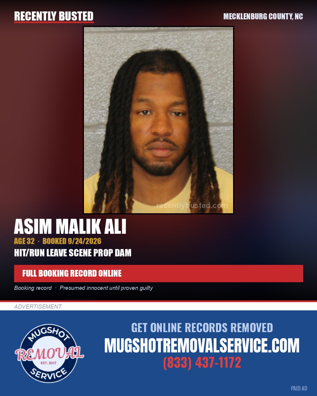 ASIM MALIK ALI — arrest record card, Mecklenburg County, North Carolina