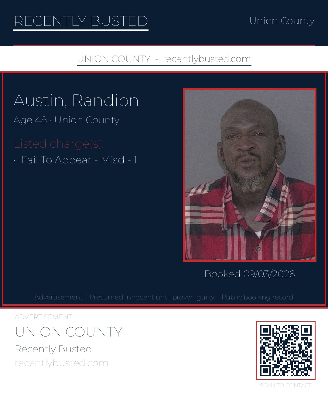 AUSTIN, RANDION — arrest record card, Union County, North Carolina
