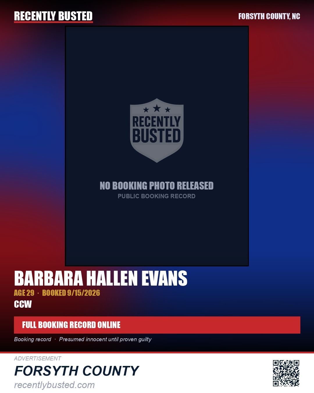 BARBARA HALLEN EVANS — arrest record card, Forsyth County, North Carolina