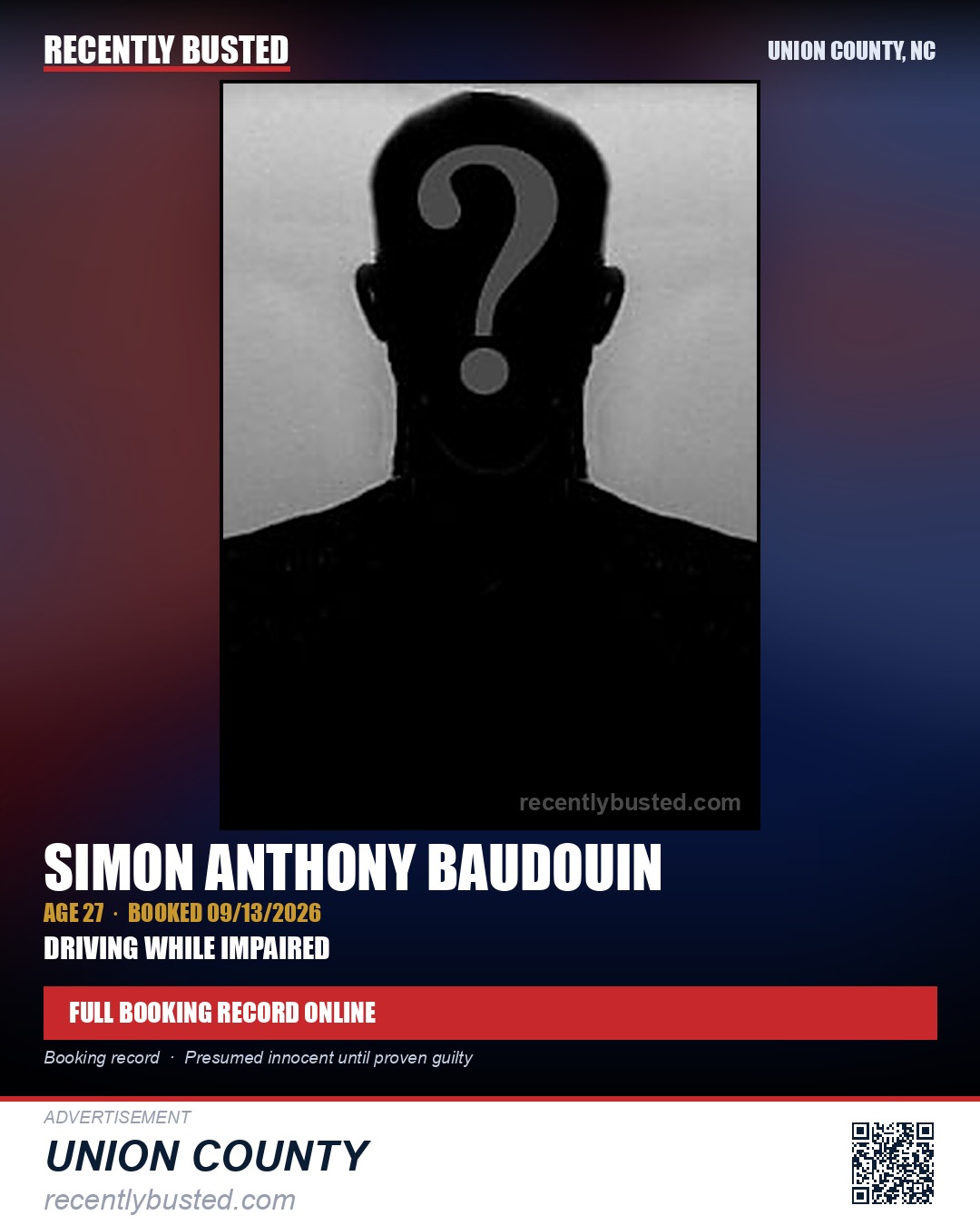 BAUDOUIN, SIMON ANTHONY — arrest record card, Union County, North Carolina