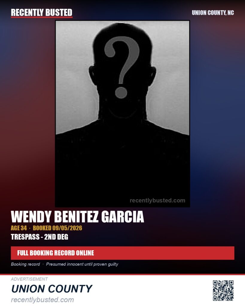 BENITEZ GARCIA, WENDY — arrest record card, Union County, North Carolina