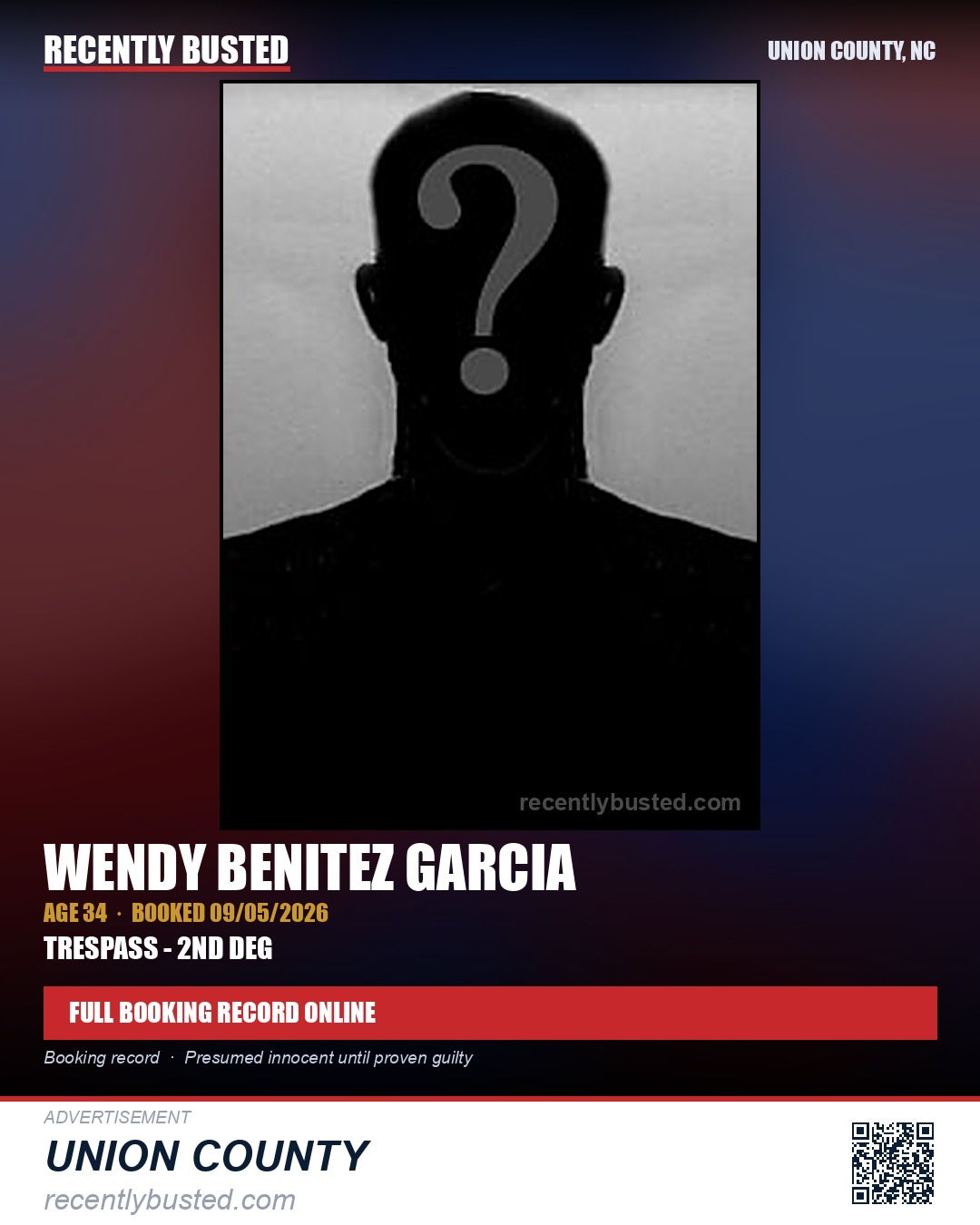 BENITEZ GARCIA, WENDY — arrest record card, Union County, North Carolina