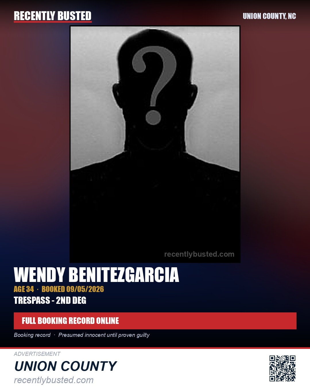 BENITEZGARCIA, WENDY — arrest record card, Union County, North Carolina