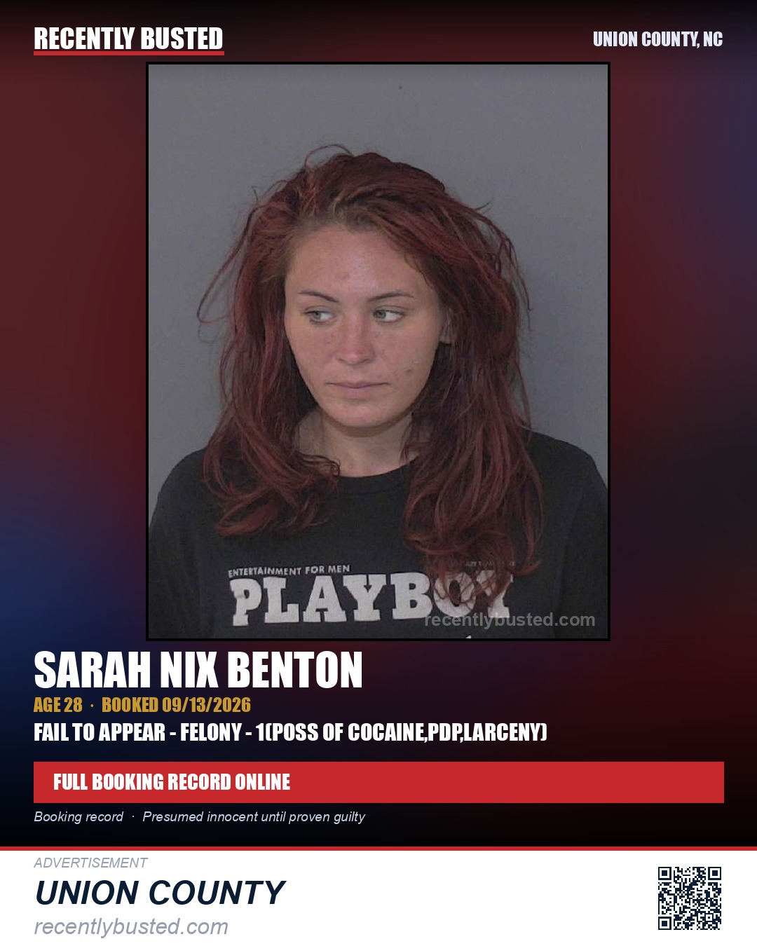 BENTON, SARAH NIX — arrest record card, Union County, North Carolina