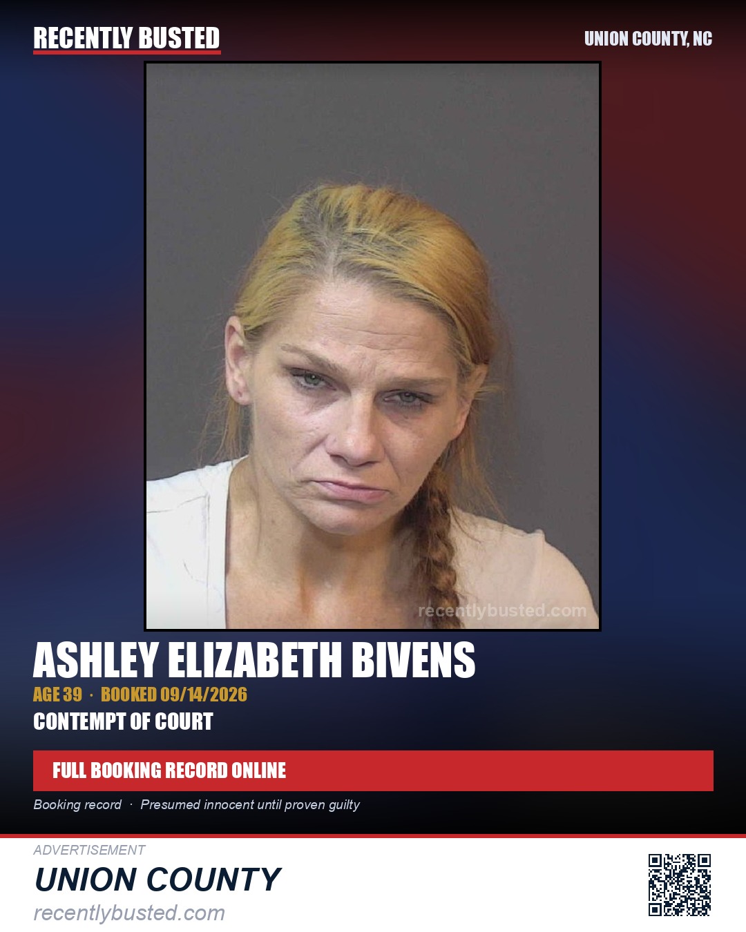 BIVENS, ASHLEY ELIZABETH — arrest record card, Union County, North Carolina