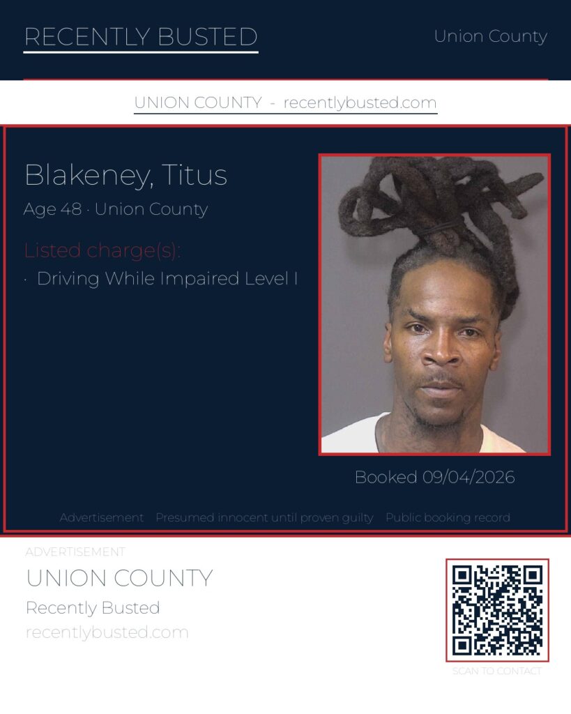 BLAKENEY, TITUS — arrest record card, Union County, North Carolina