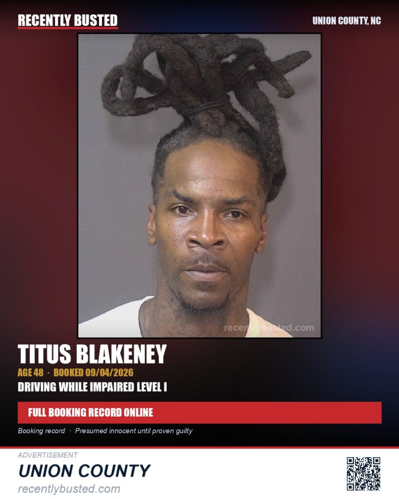 BLAKENEY, TITUS — arrest record card, Union County, North Carolina