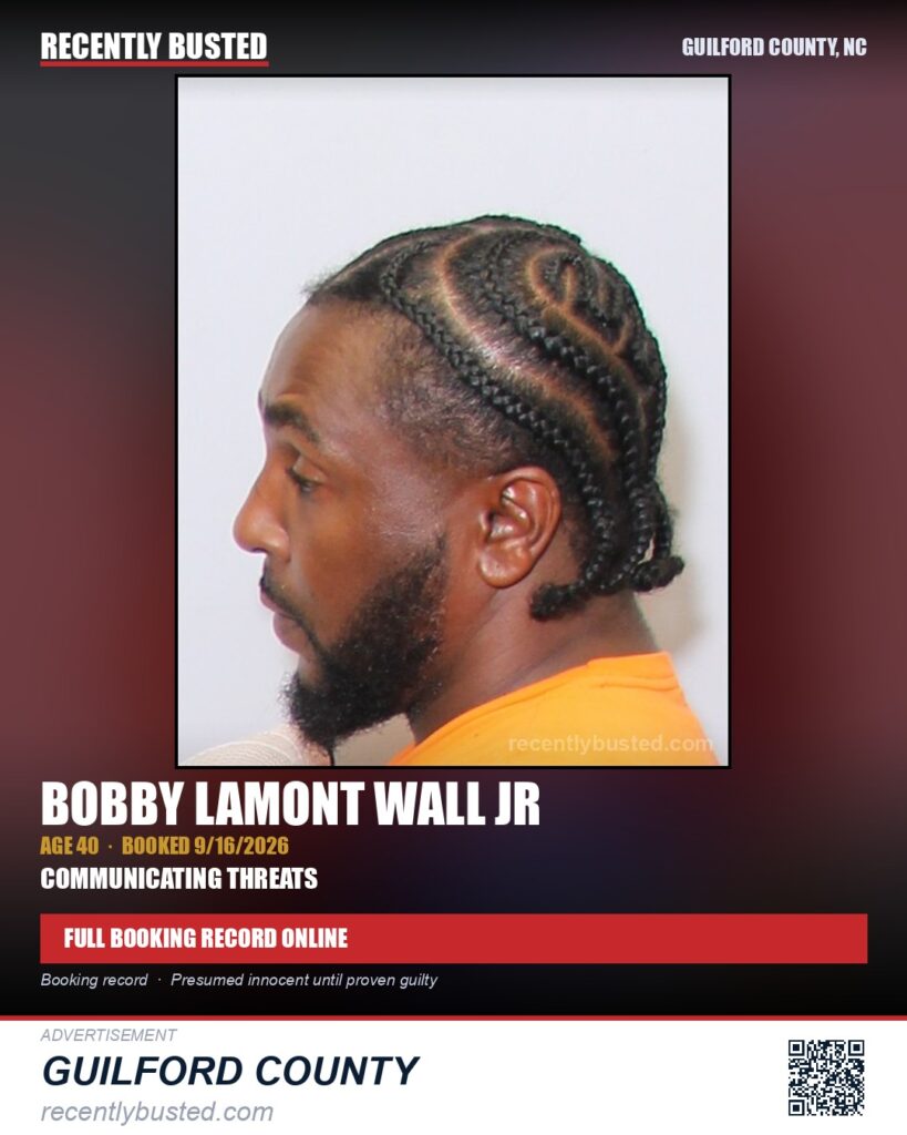 BOBBY LAMONT WALL JR — arrest record card, Guilford County, North Carolina