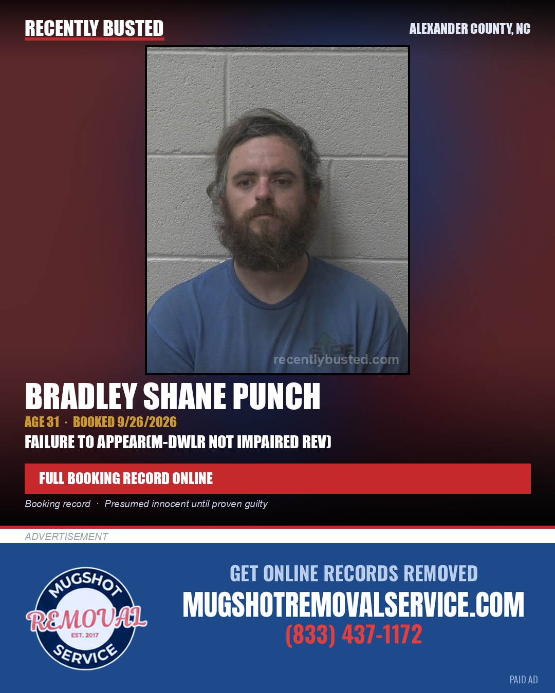 BRADLEY SHANE PUNCH — arrest record card, Alexander County, North Carolina