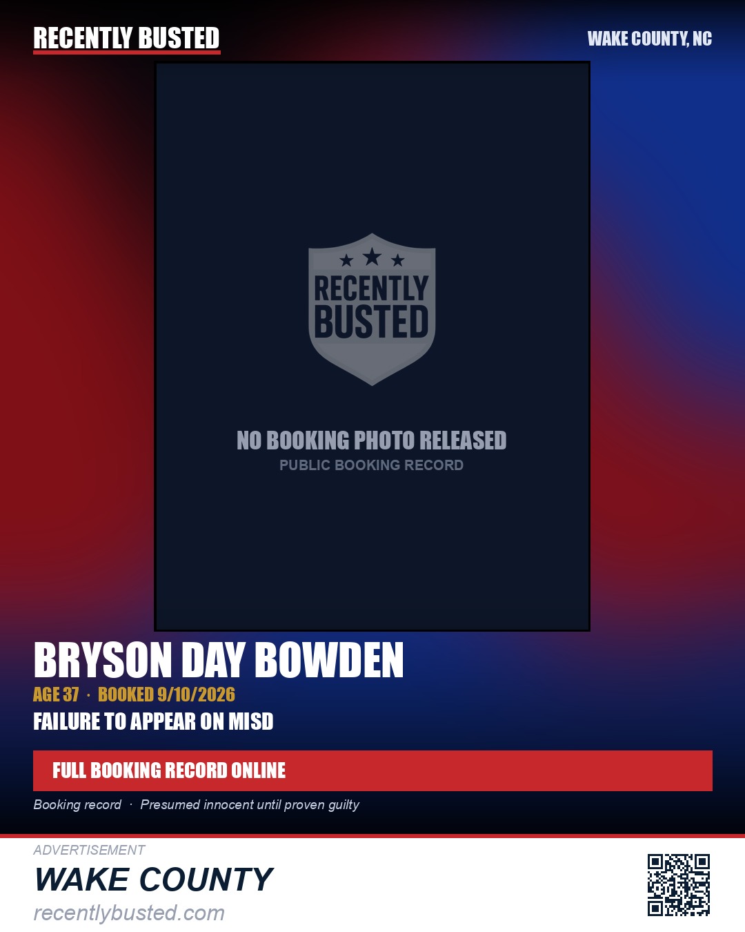 BRYSON DAY BOWDEN — arrest record card, Wake County, North Carolina