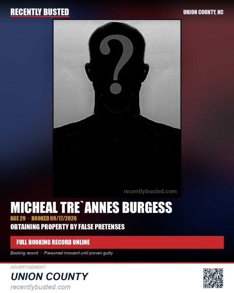 BURGESS, MICHEAL TRE`ANNES — arrest record card, Union County, North Carolina
