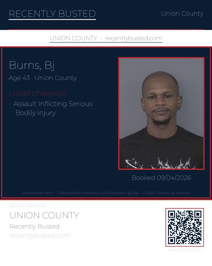 BURNS, BJ — arrest record card, Union County, North Carolina