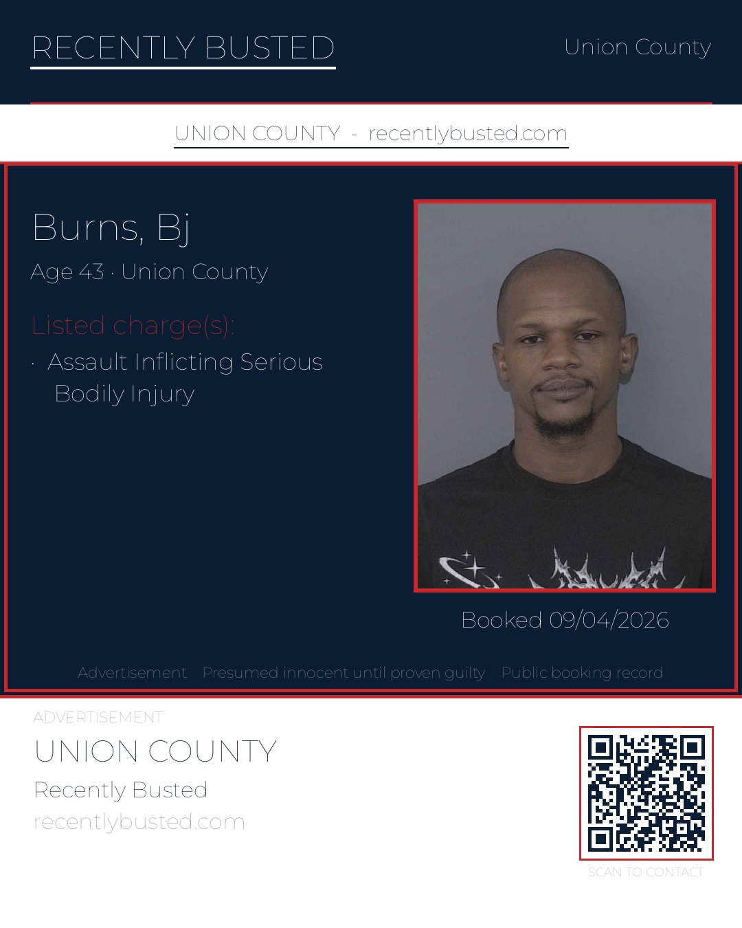 BURNS, BJ — arrest record card, Union County, North Carolina