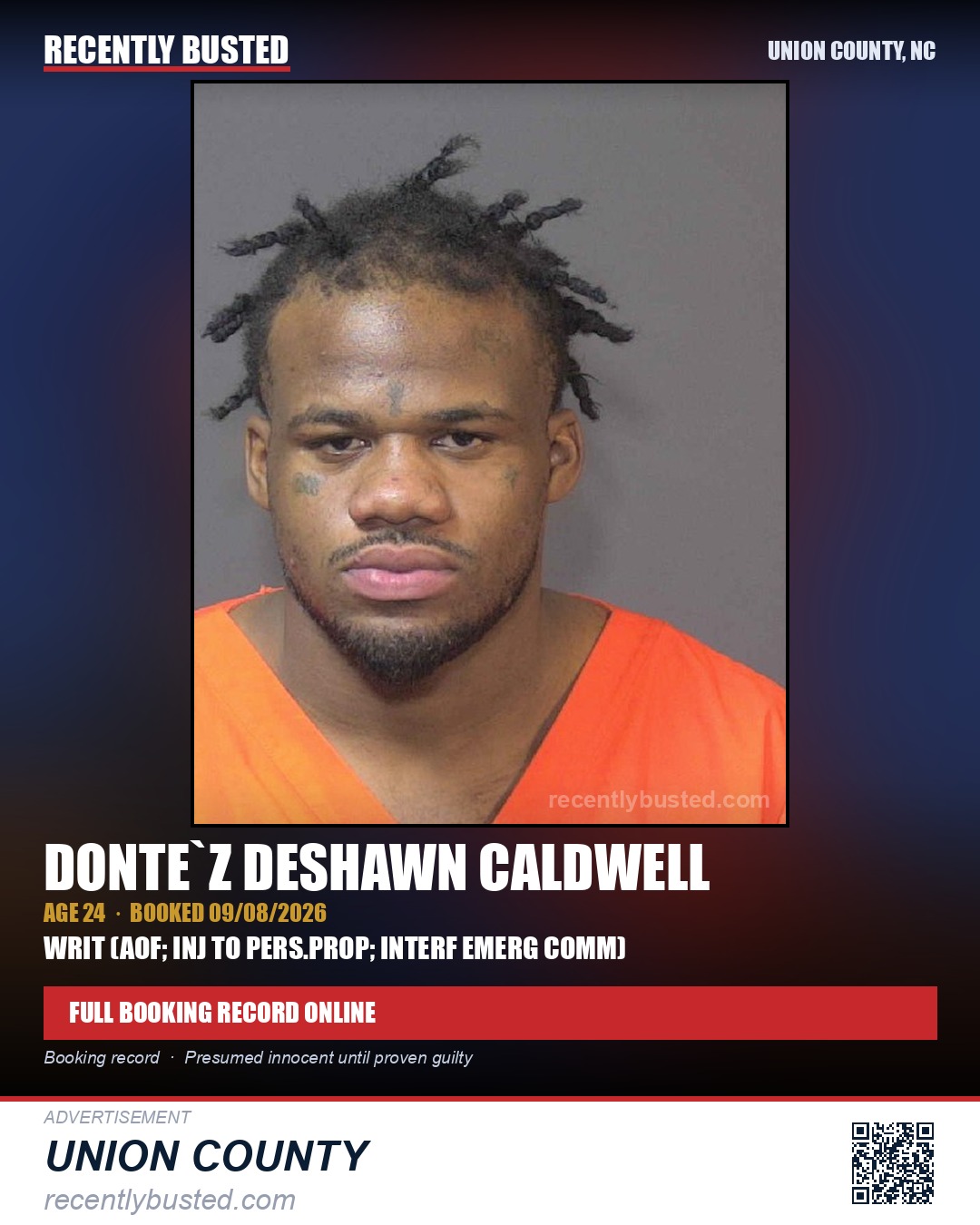 CALDWELL, DONTE`Z DESHAWN — arrest record card, Union County, North Carolina