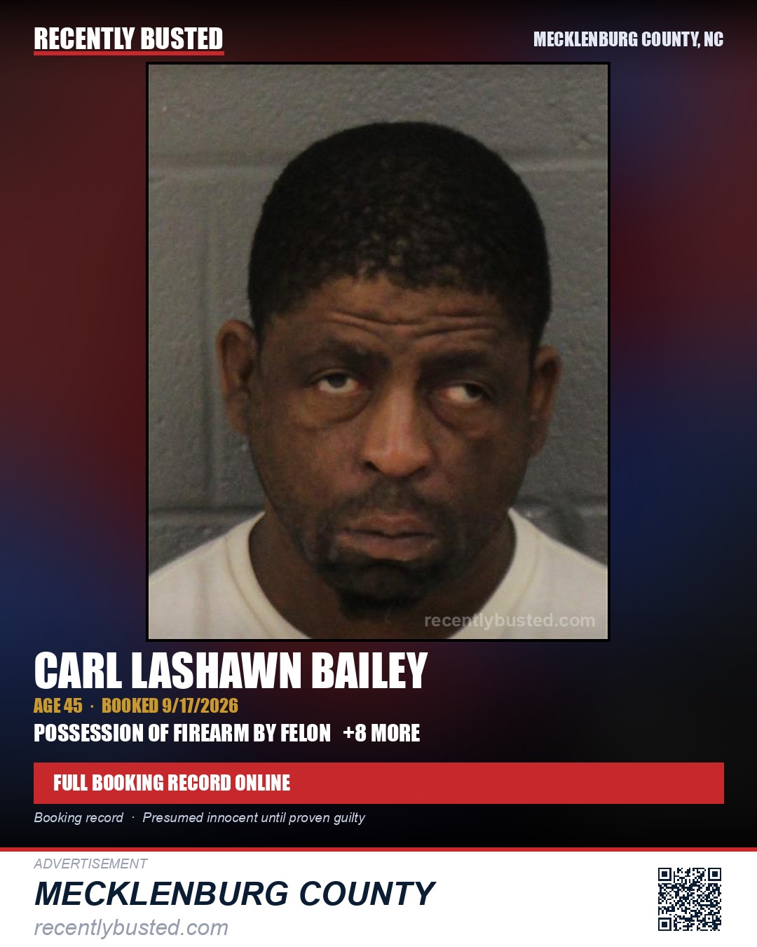 CARL LASHAWN BAILEY — arrest record card, Mecklenburg County, North Carolina
