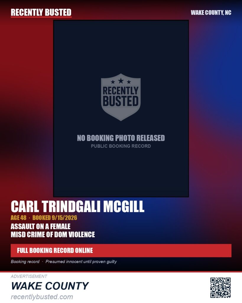 CARL TRINDGALI MCGILL — arrest record card, Wake County, North Carolina
