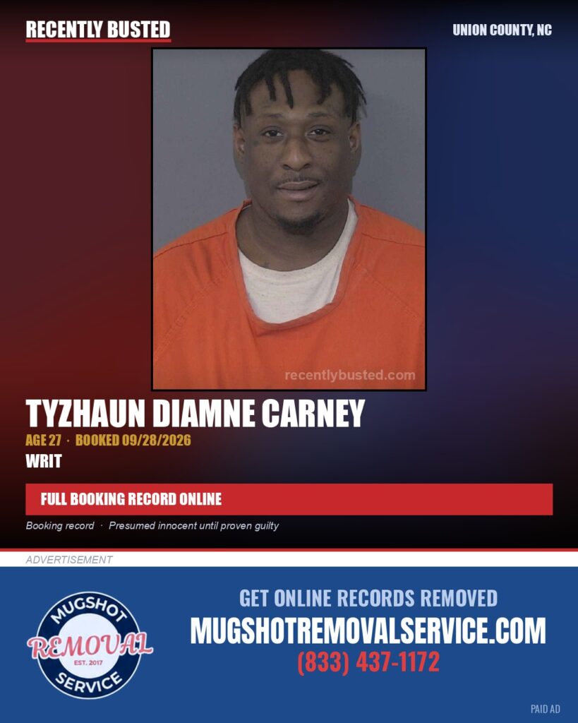 CARNEY, TYZHAUN DIAMNE — arrest record card, Union County, North Carolina