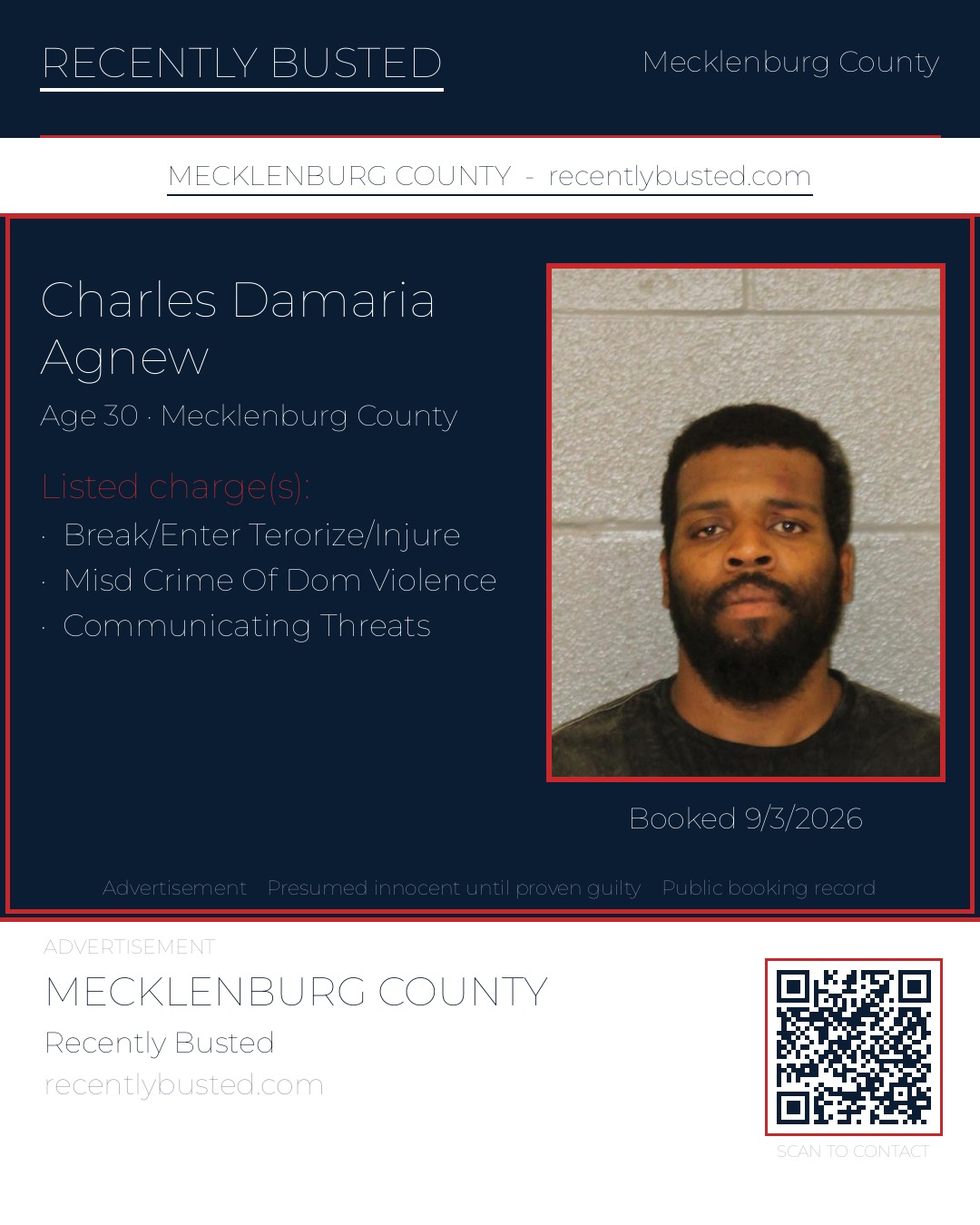 CHARLES DAMARIA AGNEW — arrest record card, Mecklenburg County, North Carolina