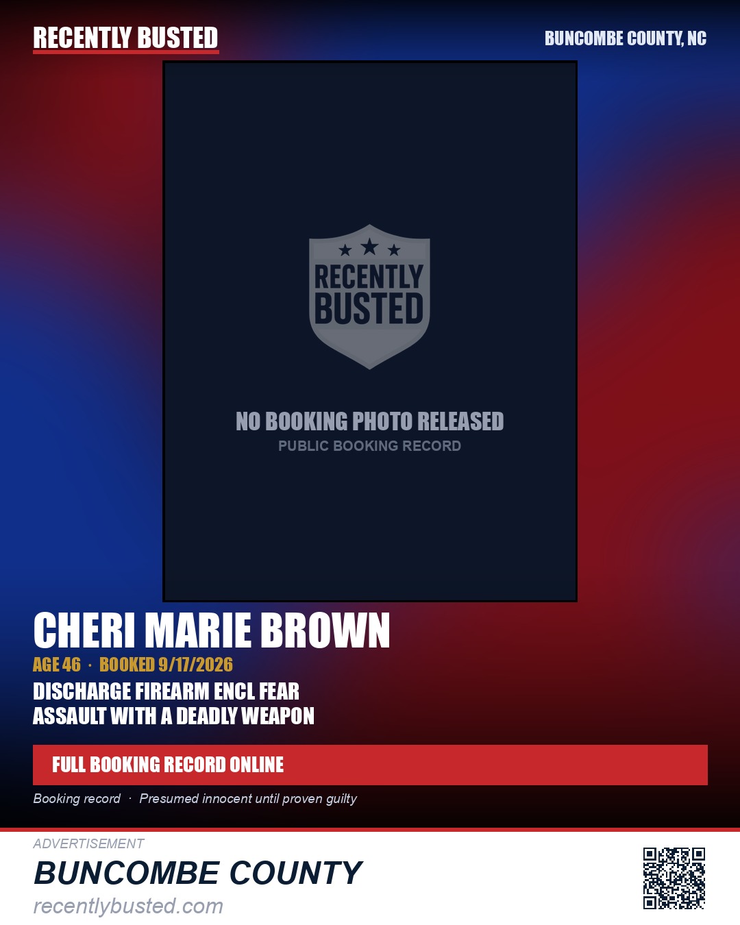 CHERI MARIE BROWN — arrest record card, Buncombe County, North Carolina