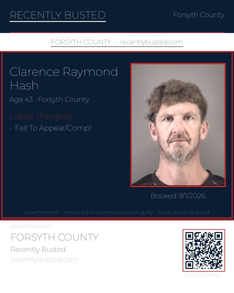 CLARENCE RAYMOND HASH — arrest record card, Forsyth County, North Carolina