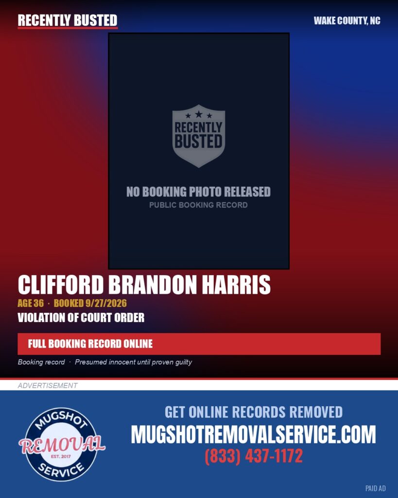 CLIFFORD BRANDON HARRIS — arrest record card, Wake County, North Carolina