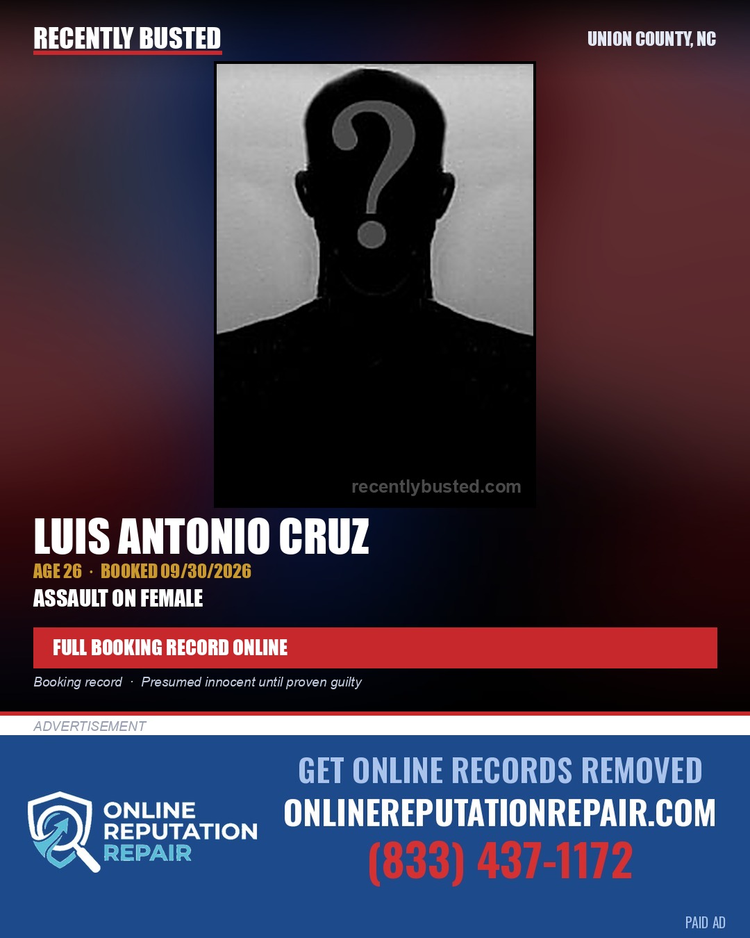 CRUZ, LUIS ANTONIO — arrest record card, Union County, North Carolina