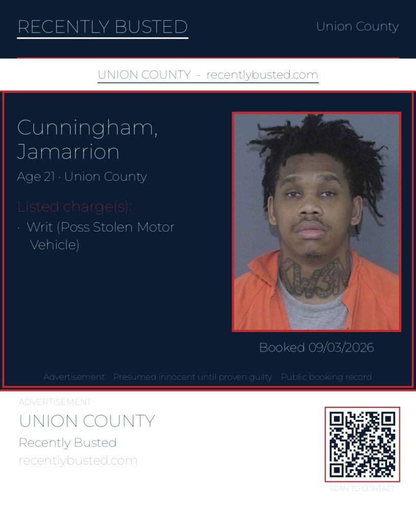 CUNNINGHAM, JAMARRION — arrest record card, Union County, North Carolina