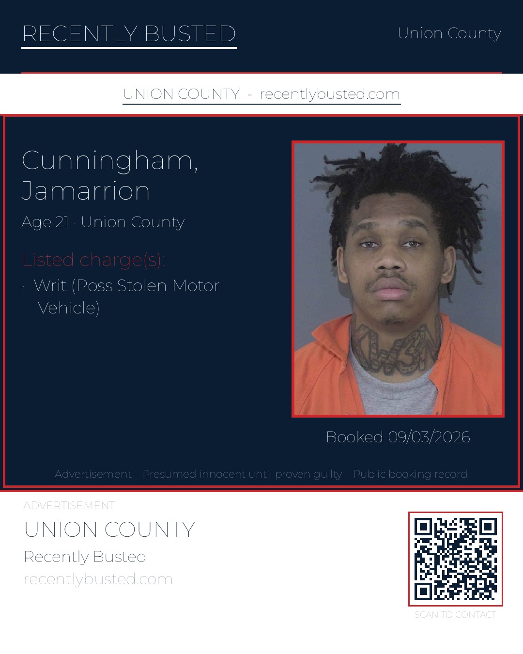 CUNNINGHAM, JAMARRION — arrest record card, Union County, North Carolina
