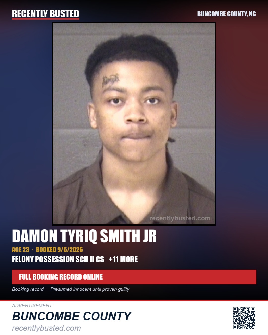 DAMON TYRIQ SMITH JR — arrest record card, Buncombe County, North Carolina