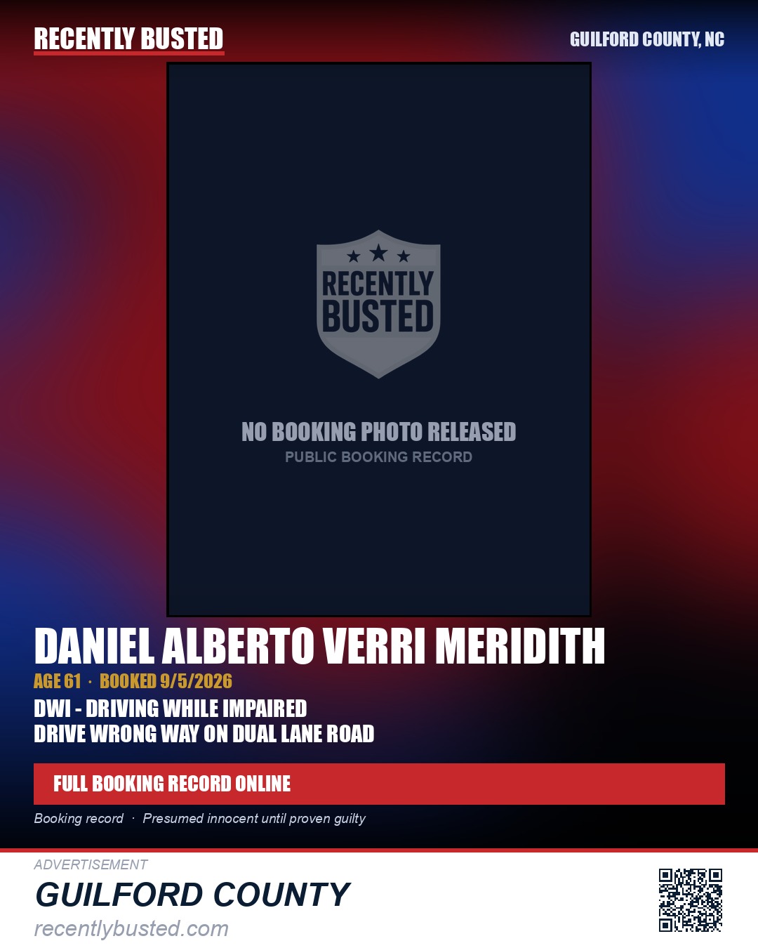 DANIEL ALBERTO VERRI MERIDITH — arrest record card, Guilford County, North Carolina